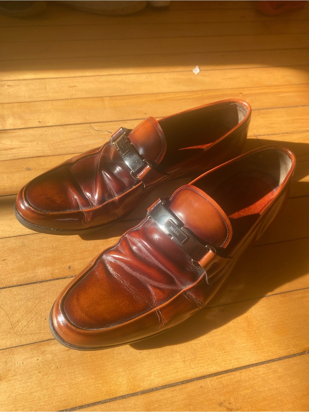 Vintage Prada Brown Leather Logo Bit Loafers Slip-Ons